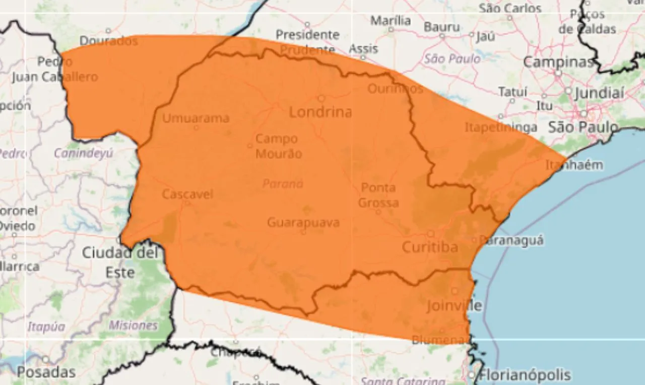O mapa mostra as &aacute;reas com alerta laranja para temporais intenso